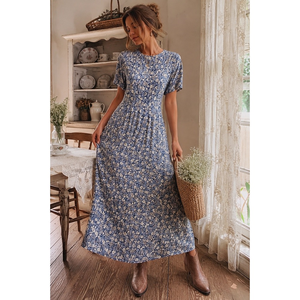 Vintage 90s Blue Floral Maxi Dress Rayon Cottagecore Prairie Granny Romantic